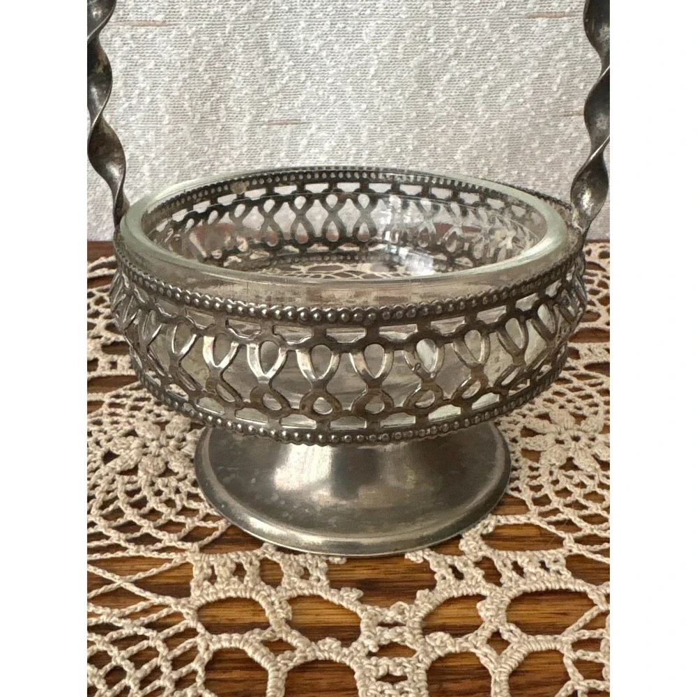 Vintage England Silver Plate Preserve Basket Glass Liner Fixed Twisted Handle